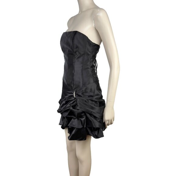 JESSICA MCCLINTOCK GUNNE SAX Puffy Waist 80s Strapless Satin Mini Black Dress  5 - Picture 2 of 14